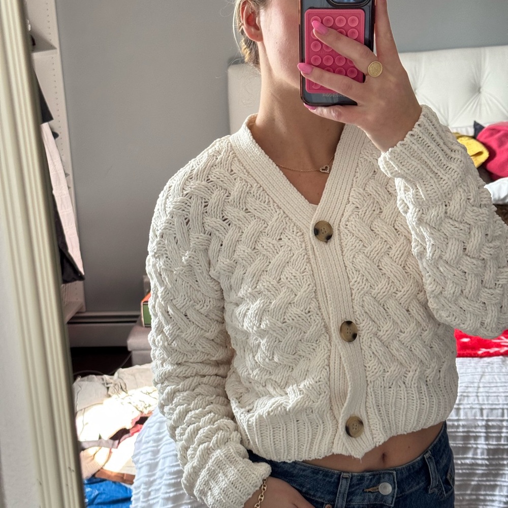 Kendall & Kylie Cream Cardigan with Cable Knit Design